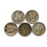 Group of 5 Mercury Silver Dimes