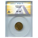 1909-S Lincoln Wheat Cent - ANACS VF 25