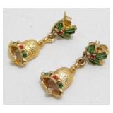 Vintage Holly and Jeweled Bell Pierced Earrings