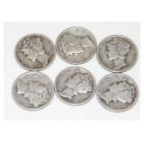6 Mercury Silver Dimes: 1926-P, 1934-P, 1941-P &