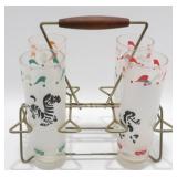 * MCM Fancy Glass Set with Original Metal Rack