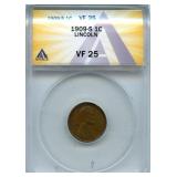 1909-S Lincoln Wheat Cent - ANACS VF 25, Key Date