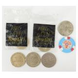 7 Vintage Casino Tokens - Two with Original Bags