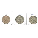 3 Franklin Silver Half Dollars: 1961, 1962 & 1963