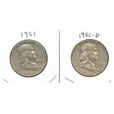 2 Franklin Silver Half Dollars: 1951 & 1952-D