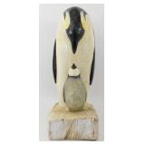 * Wooden Tall Carved Penguin with Baby Statue