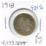 1918 Canada 92.5% Silver Quarter 25 Cents