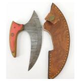 New Damascus Blade Ulu Knife with Leather Sheath