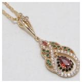 Gold Lavalier Necklace - Green Red and White