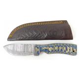 New Damascus Blade Drop Point Knife with Leather