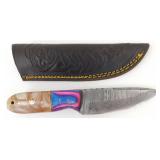 New Damascus Blade Drop Point Knife with Leather