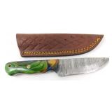 New Damascus Blade Drop Point Knife with Leather