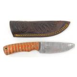 New Damascus Blade Drop Point Knife with Leather