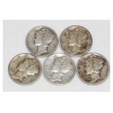 Group of 5 Mercury Silver Dimes