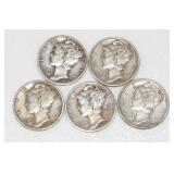 Group of 5 Mercury Silver Dimes