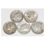 Group of 5 Mercury Silver Dimes