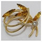 Vintage Amber Colored and Clear Stone Brooch
