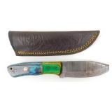 New Damascus Blade Drop Point Knife with Leather