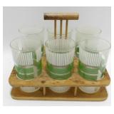 * Old Wooden Tote with 6 Vintage Glasses - No