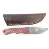 New Damascus Blade Clip Point Knife with Leather