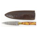 New Damascus Blade Spearpoint Knife with Leather
