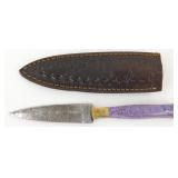 New Damascus Blade Spearpoint Knife with Leather