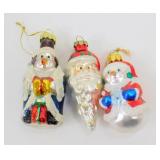 * Lot of 3 Blown Glass Ornaments - Snowman,