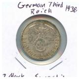 German Third Reich Silver 2 Mark with Swastika -