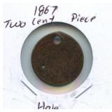 1867 Two Cent Piece - Hole