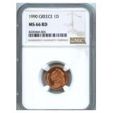 1990 Greece 1 Drachma Coin - NGC MS 66 RD
