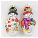 * Lot of 2 Blown Glass Snowmen Ornaments