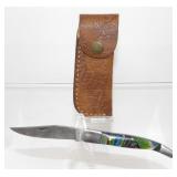 New Damascus Blade Pocket Knife with Leather