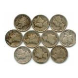 Group of 10 Mercury Silver Dimes