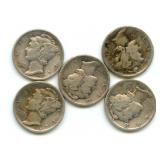 Group of 5 Mercury Silver Dimes