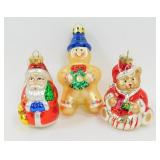 * Lot of 3 Blown Glass Ornaments - Santa,