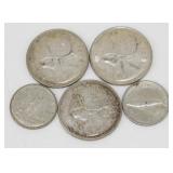 Group of 3 Canadian Silver Quarters & 2 Canadian
