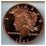 1 oz Pure Copper Round - 1921 Peace Dollar Design