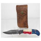 New Damascus Blade Pocket Knife with Leather