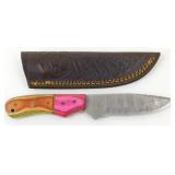 New Damascus Blade Drop Point Knife with Leather