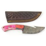 New Damascus Blade Gut Hook Knife with Leather