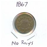 1867 Shield Nickel - No Rays