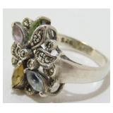 Vintage Sterling Silver Multi Gem Flower Ring -
