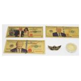 Gold Foil Trump Lot - 3 Bills, Coin and Pin