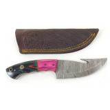 New Damascus Blade Gut Hook Knife with Leather
