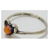 Vintage Sterling Silver Amber Heart Ring - Size 8