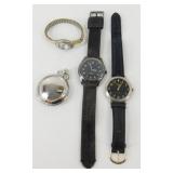 3 Quartz Wrist Watches & 1 Pocket Watch w/ Bear