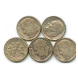 Group of 5 Roosevelt Silver Dimes