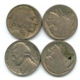 Group of 4 Nickels - 3 Buffalo & a 1939 Jefferson