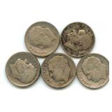 Group of 5 Roosevelt Silver Dimes