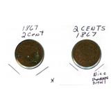 Pair of 1867 U.S. Two Cent Pieces (VF+)